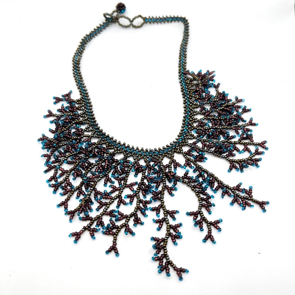 Beaded Coral Reef Shaped Handwoven Blue Black Seed Bead Choker Bib Necklace 14"